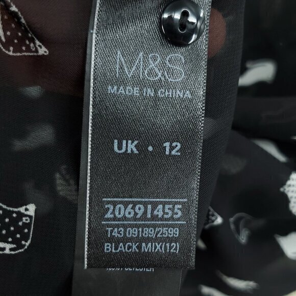 Marks & Spencer Sheer Cat-Print Peter Pan Collar Blouse Black US 8 Halloween - Picture 14 of 16